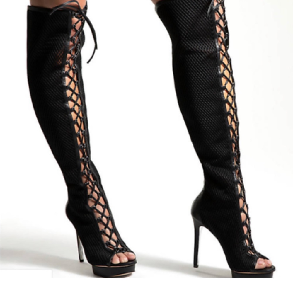 JLO Jennifer Lopez MADIA Boot Womens 8M Blk Over The Knee Platform Corset Lace